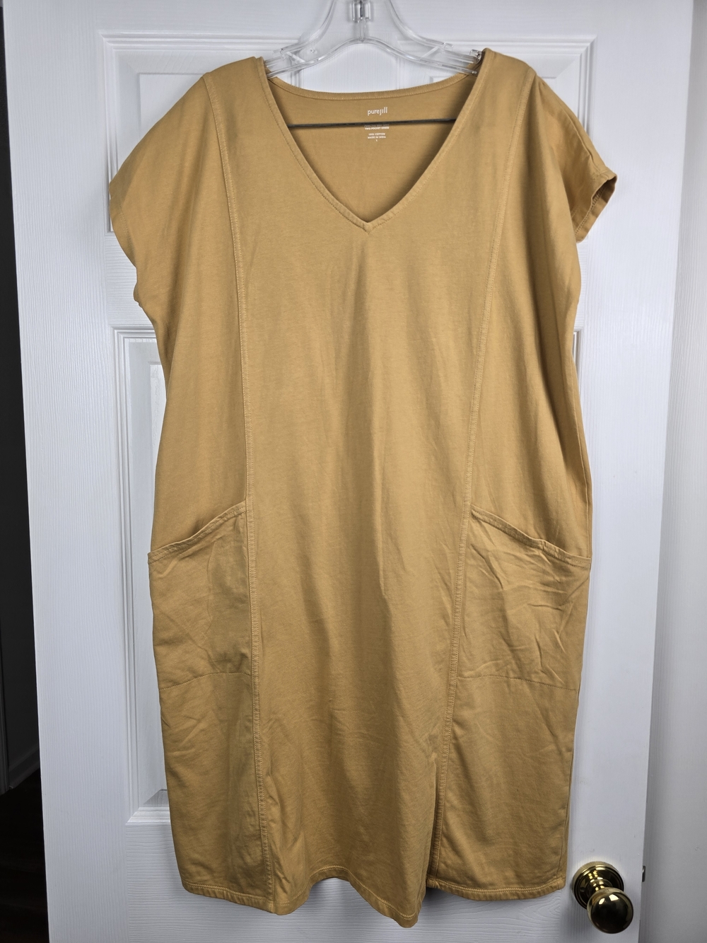 J. Jill PureJill Easy Knit Two Pocket Dress L Mustard Curry Yellow V-Neck